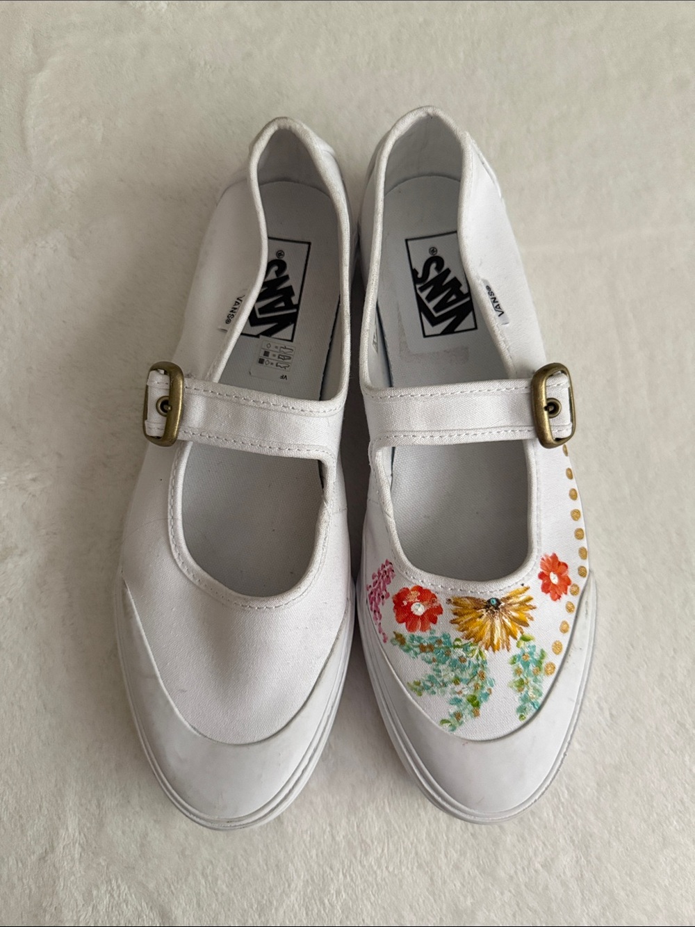 Vans White Mary Jane Canvas Flats with Floral Detail